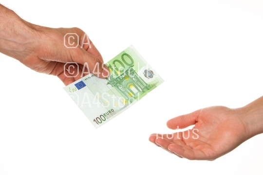 Man giving 100 euro to a woman