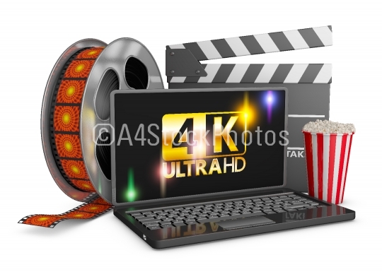 4K laptop, popcorn and film strip 
