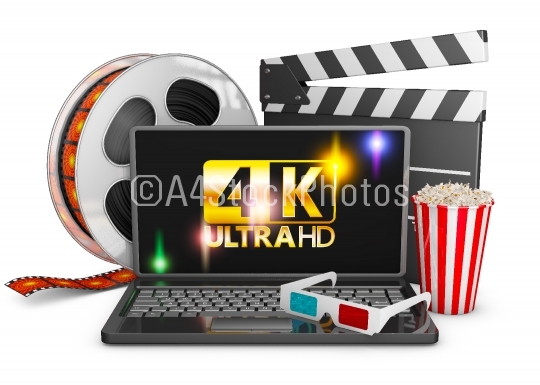 4K laptop, popcorn and film strip