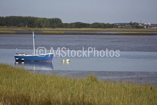 Blue boat  at anchor at low tide