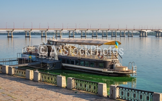 Pleasure boats on the Dnipro embankment in Ukraine