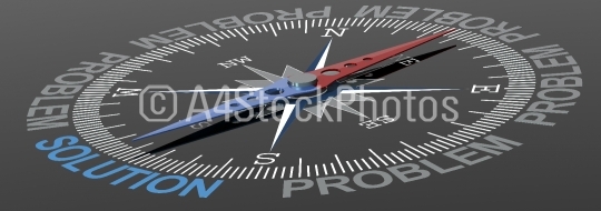 Solution word on compass with blue and red needle