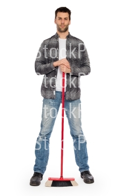 Young worker with a broom