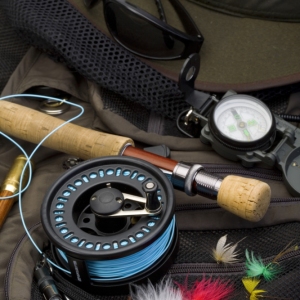 Close up view of fly fishing tackle and flies