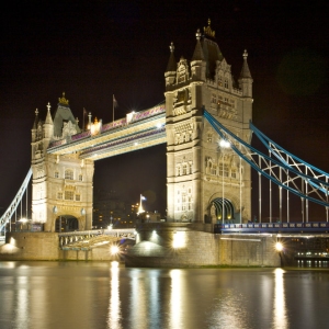 Tower Bridge at night, looking downstream