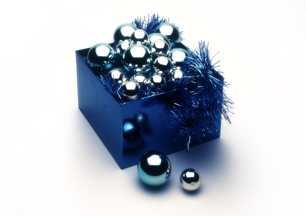 Christmas baubles in a blue box