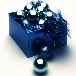 Christmas baubles in a blue box