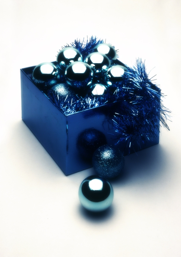 Christmas baubles in a blue box