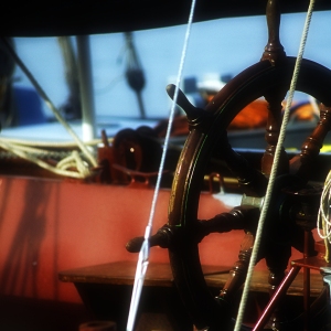 Ropes and winches on the deck of a Thames sailing barge