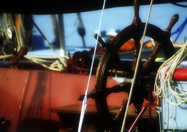 Ropes and winches on the deck of a Thames sailing barge