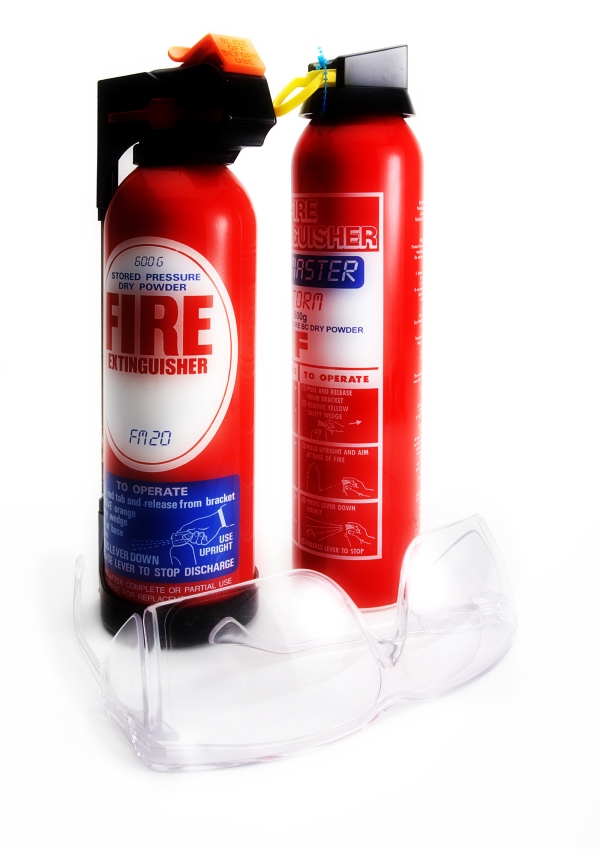 Fire extinguishers and safety goggles