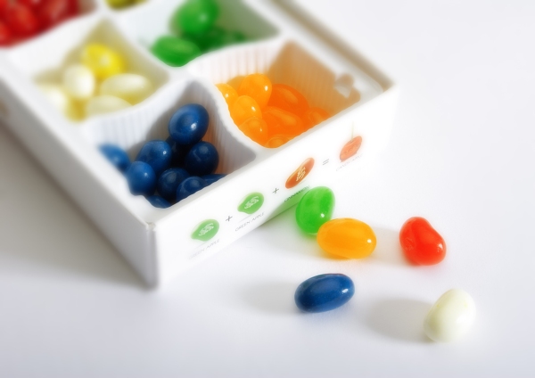 Brightly coloured sweets in a box