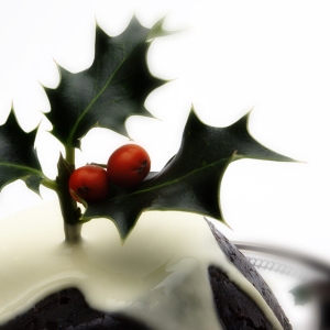 A Christmas pudding with cream and a sprig of holly on top