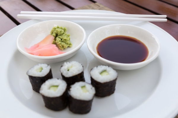 Hoso Maki Sushi Vegetarian with wasabi and ginger