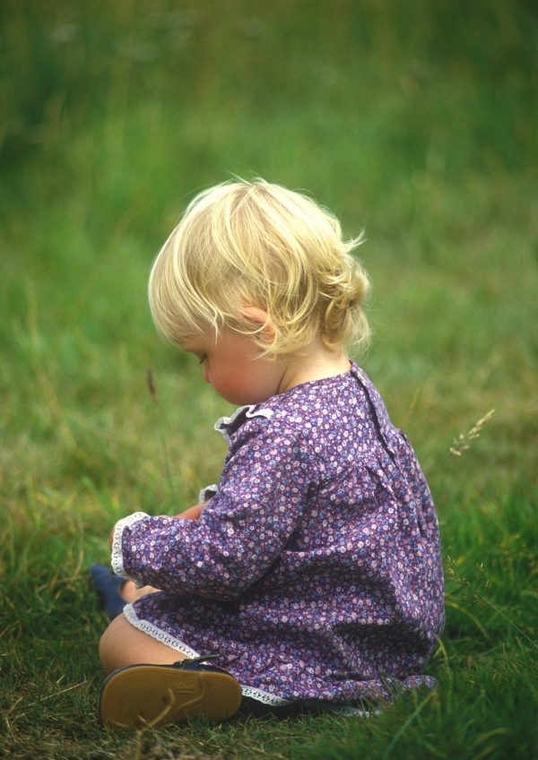 A blonde toddler sitting in a summer field and playing with a toy