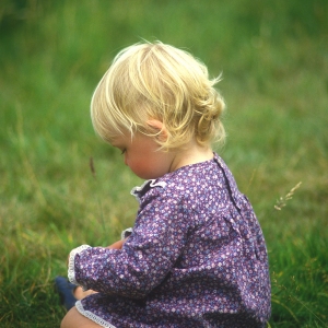 A blonde toddler sitting in a summer field and playing with a toy