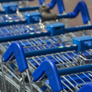 Close up of stacked supermarket trolleys