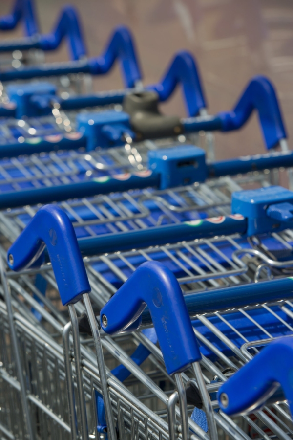 Close up of stacked supermarket trolleys