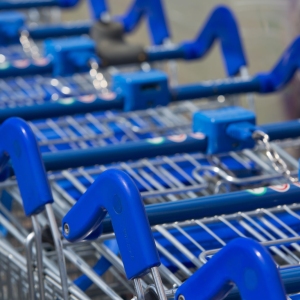 Close up of stacked supermarket trolleys