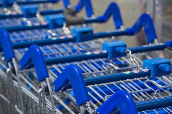 Close up of stacked supermarket trolleys