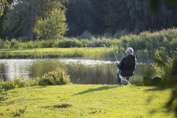 A coarse fisherman or angler playing a large fish while fishing a lake in Suffolk, England