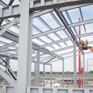 Steelwork on a large commercial construction site