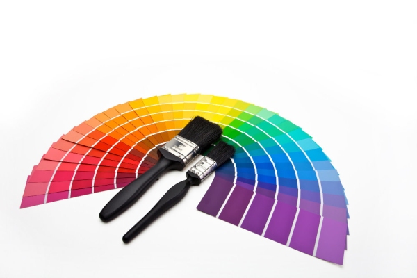 Paintbrushes and colour swatches arranged in a fan