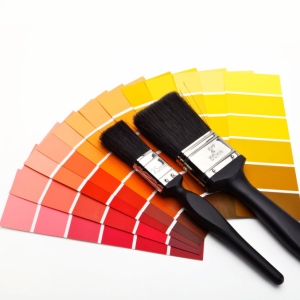 Paint brushes with red, yellow, orange and brown colour swatches