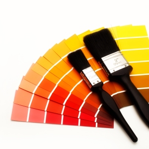 Fan of colour swatches with two paintbrushes