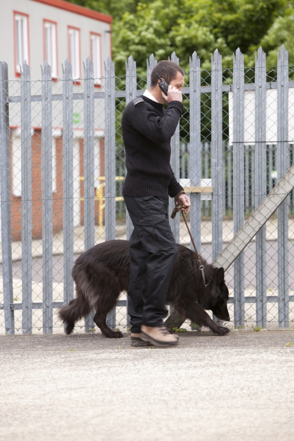 A security guard and guard dog patrolling perimeter fences