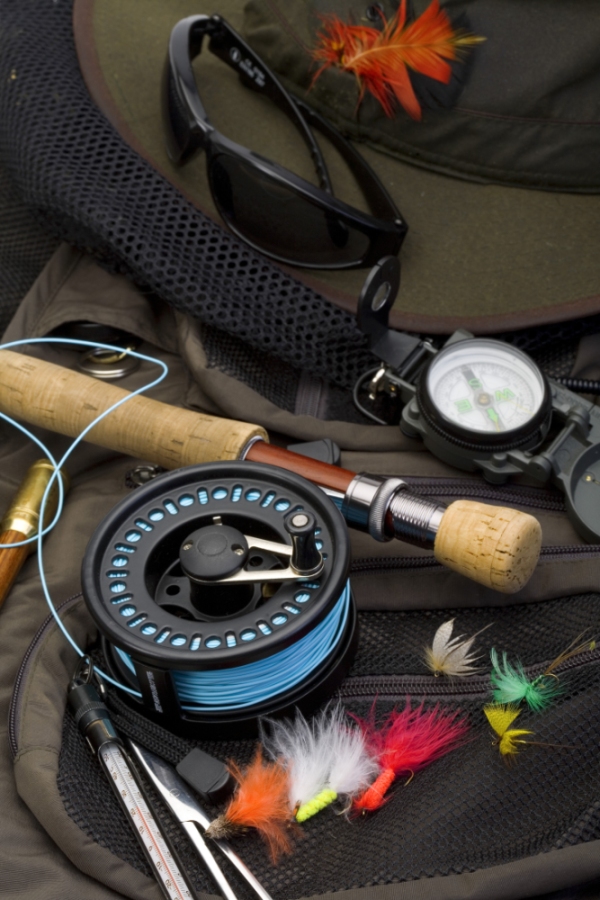 Close up view of fly fishing tackle and flies