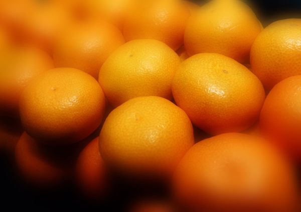 A close up view of satsumas or clementines on sale in a fruiterers