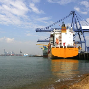 Container ships being unloaded at the port