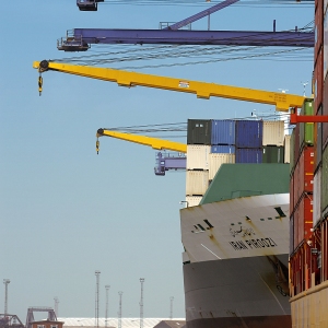 Container ships in the harbour being unloaded by large cranes