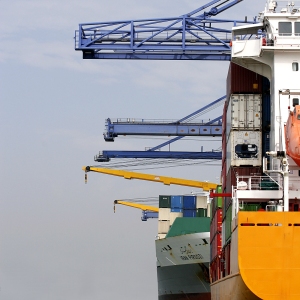 Container ships at anchor in the port, with large cranes unloading cargo