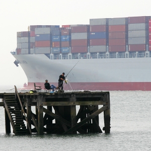 Anglers fishing from a pier with a large container ship passing in the background