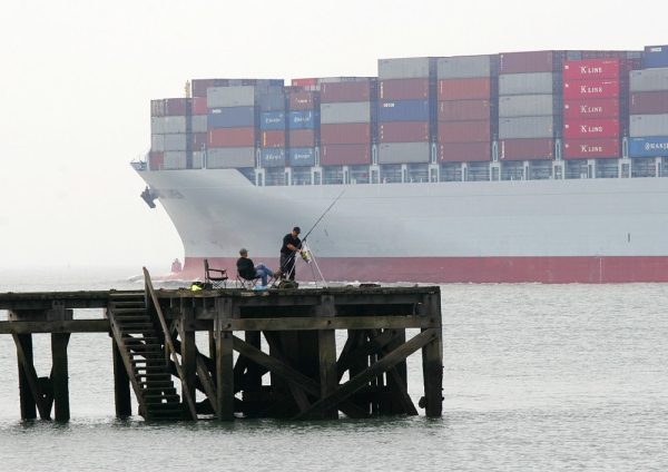 Anglers fishing from a pier with a large container ship passing in the background