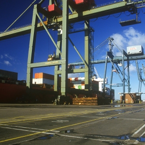 Wide angle view of dockside cranes at a container terminal