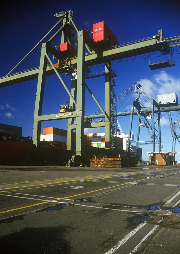 Wide angle view of dockside cranes at a container terminal