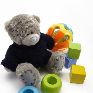 A toddler's soft toy and wooden building blocks