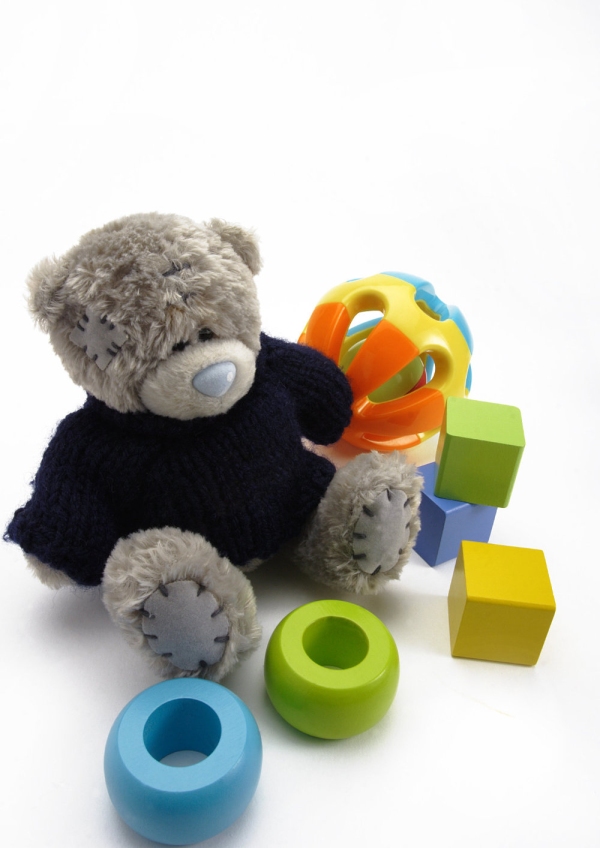 A toddler's soft toy and wooden building blocks