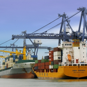 Container ships at moorings on the dock