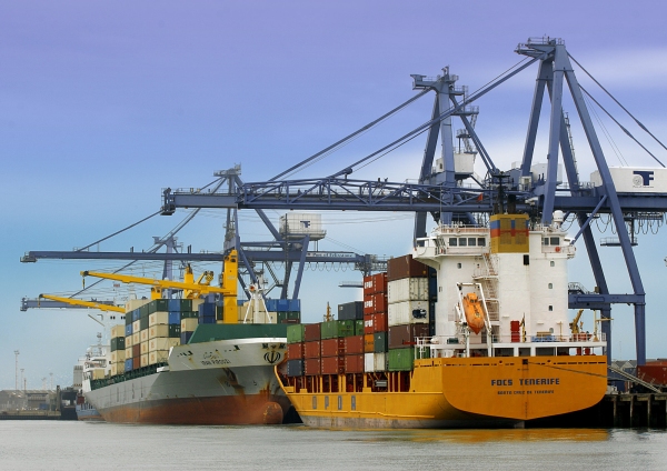 Container ships at moorings on the dock