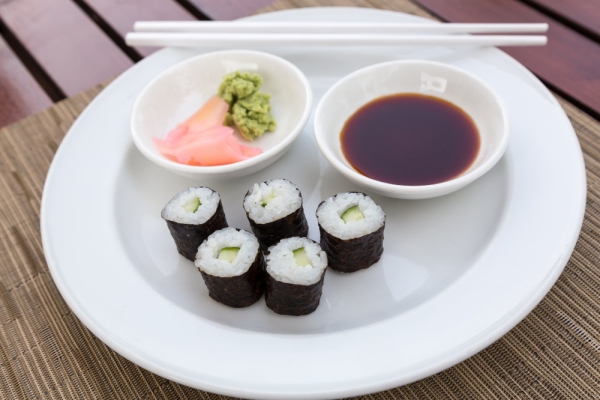 Hoso Maki Sushi Vegetarian with wasabi and ginger