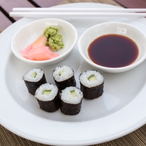 Hoso Maki Sushi Vegetarian with wasabi and ginger