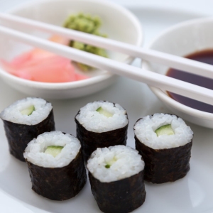 Hoso Maki Sushi Vegetarian with wasabi and ginger