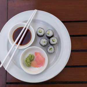 Hoso Maki Sushi Vegetarian with wasabi and ginger