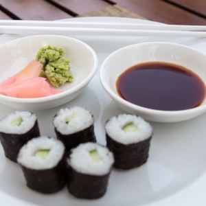 Hoso Maki Sushi Vegetarian with wasabi and ginger