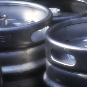 Beer kegs lined up for delivery