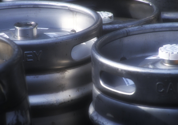 Beer kegs lined up for delivery